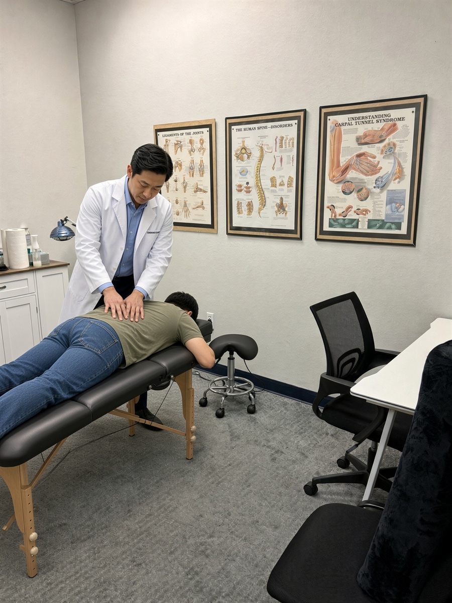 Dr. Yeung adjusting a patient’s mid-back on the treatment table