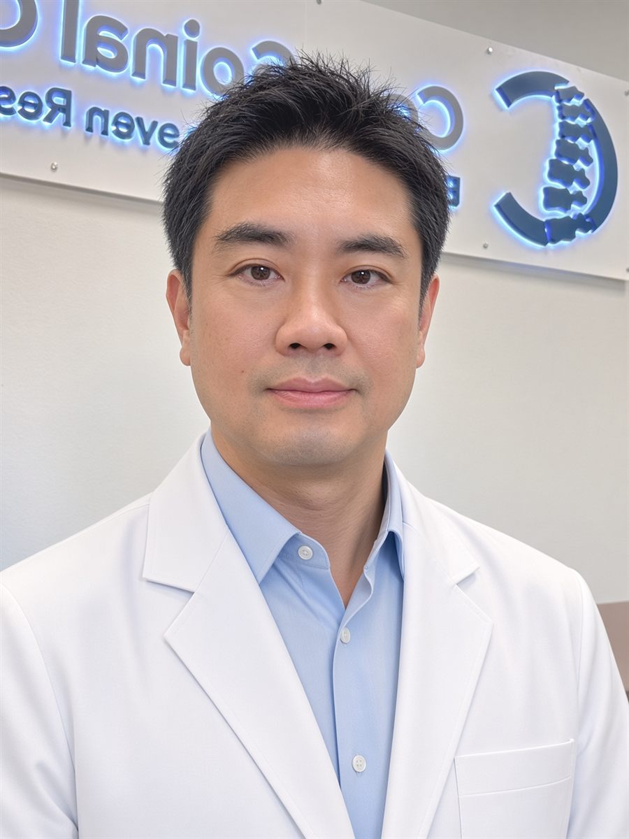 Portrait of Dr. Albert Yeung in a white coat at Core Spinal Care