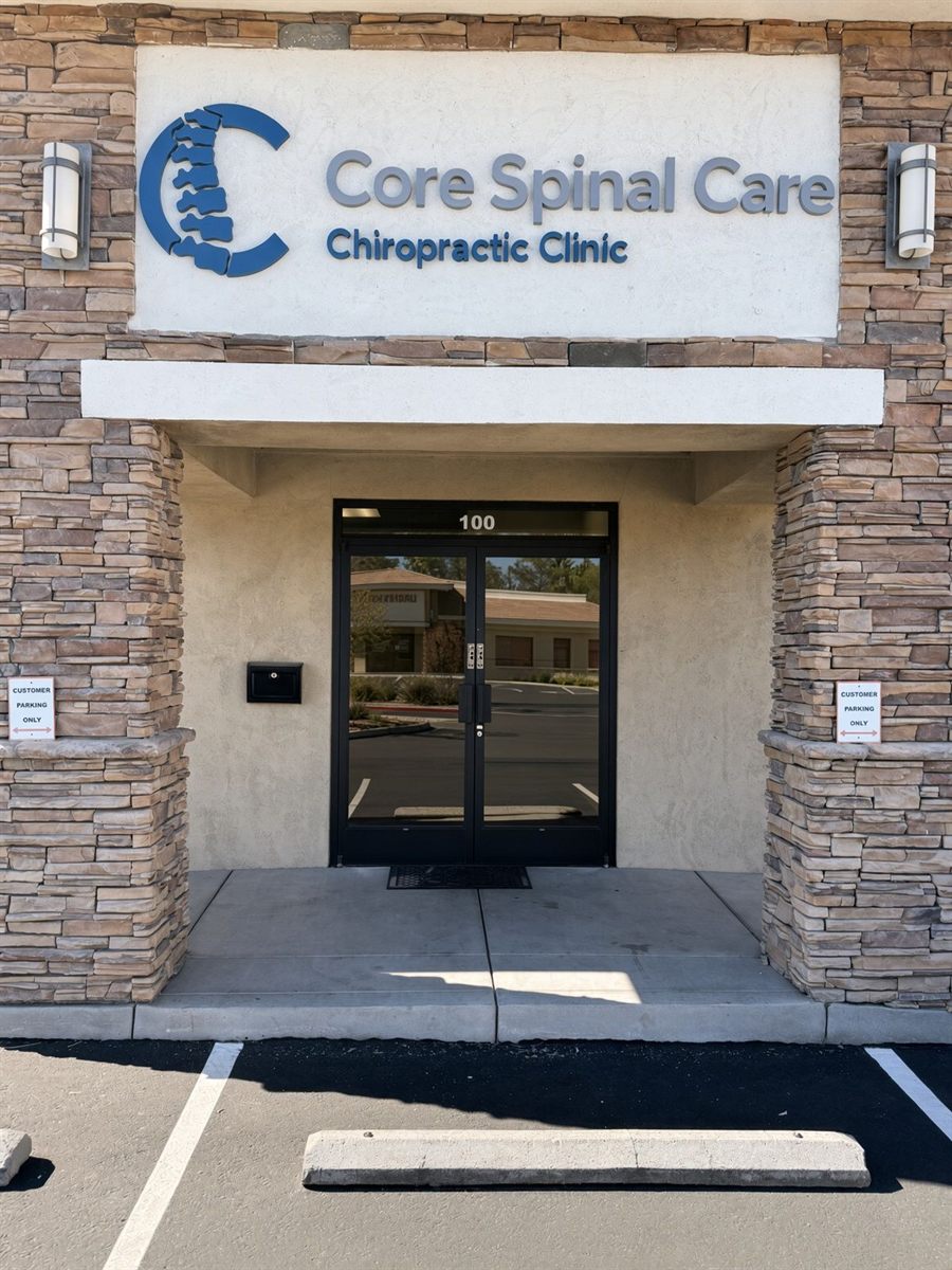 Core Spinal Care entrance at Suite 100 with stone columns and signage