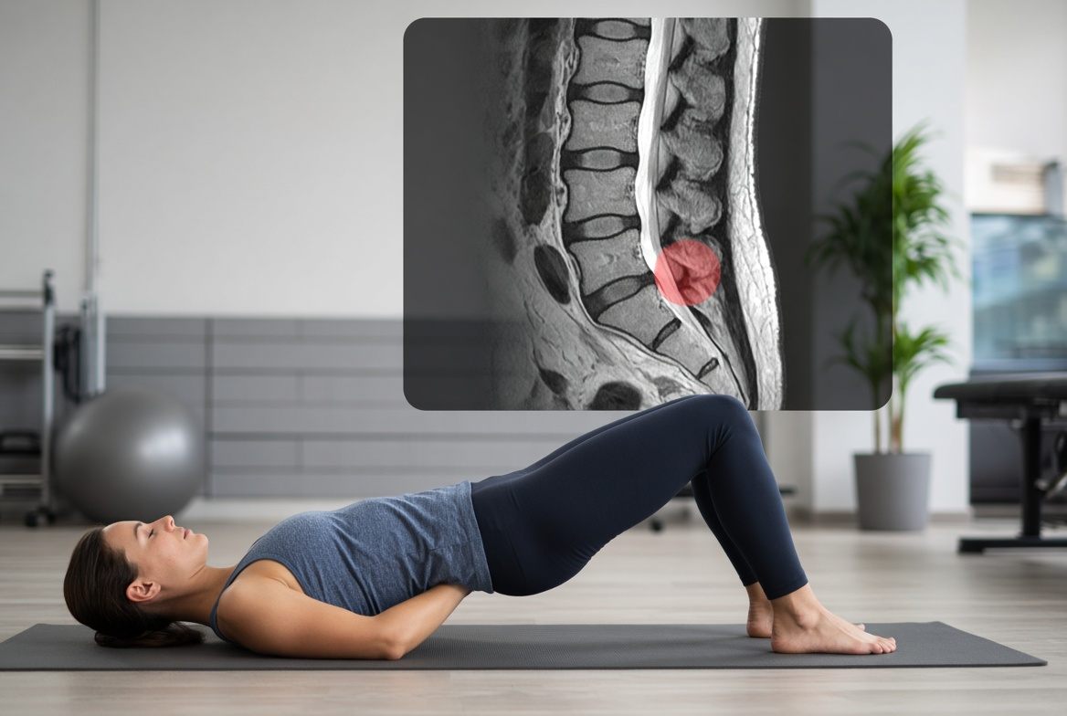 Patient doing a glute bridge exercise, with a lumbar MRI showing a disc herniation