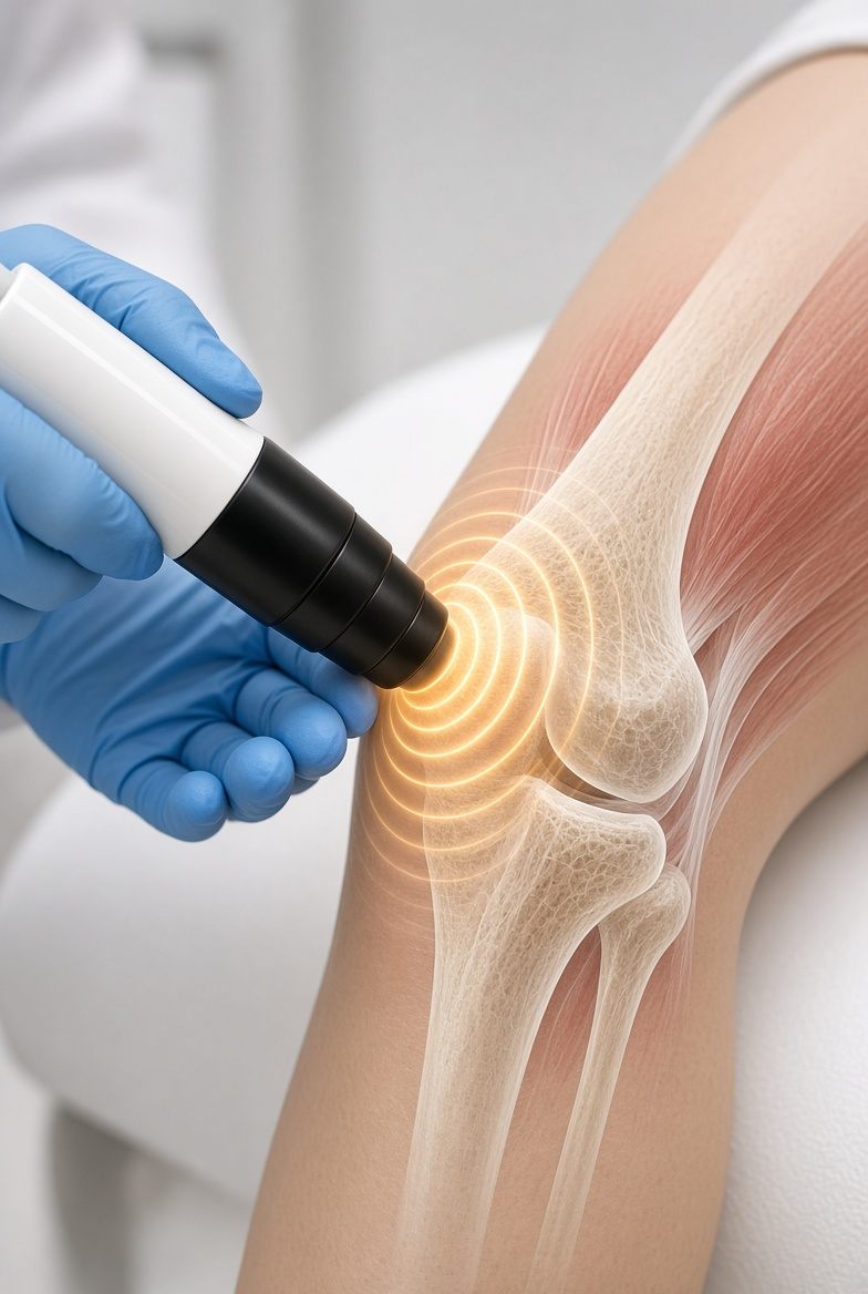 Shockwave handpiece treating the knee, with energy waves reaching the joint